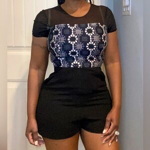 BCBG classy sheer embroidered mesh women black romper, size 4, short w/pocket